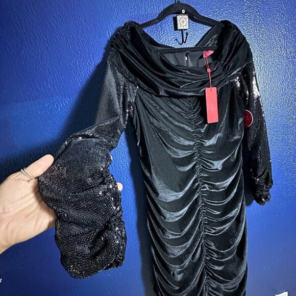 Black Maer Dress Long Sleeves Cocktail Party Cowl Neckline Sz 16 sequined - Picture 4 of 8